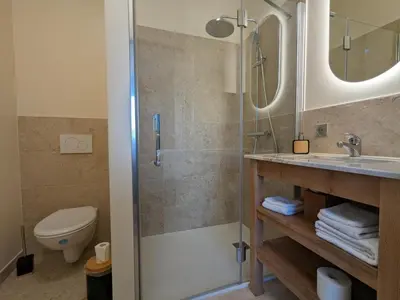 Salle de bains dans l'établissement Maison lumineuse avec cuisine équipée, 3 chambres avec SDE & WC privatifs, garage et Wifi - Jarnac - FR-1-653-246