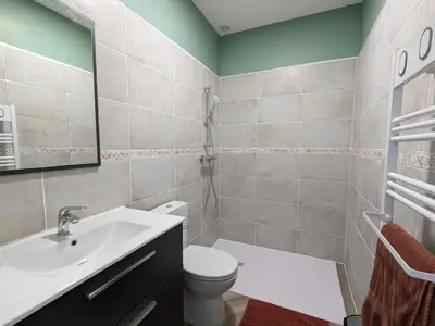 Salle de bains dans l'établissement Maison spacieuse avec piscine privée, climatisation, Wi-Fi, animaux acceptés et parking - FR-1-653-268