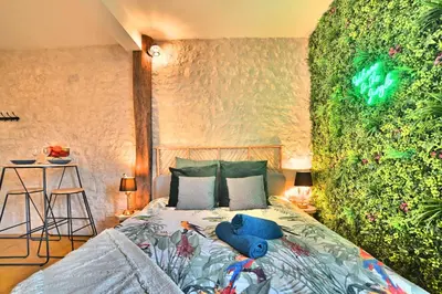 Un ou plusieurs lits dans un hébergement de l'établissement Jungle Rochelaise - Coeur de ville, Entièrement Rénovée, Tv 4K, Fibre, Quartier Porte Royale