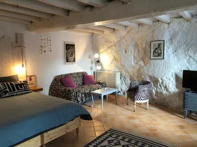 Coin salon dans l'établissement La grotte du pèlerin - Appartement semi-troglodyte
