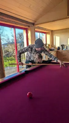Billard dans l'établissement Gîte en matériaux naturels Sauna, couchers de soleil et chevaux
