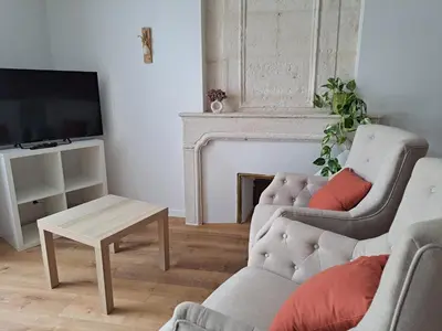 Télévision ou salle de divertissement dans l'établissement La porte Bleue - appartement juste rénové - très propre - grand confort - lumineux - calme - centre historique