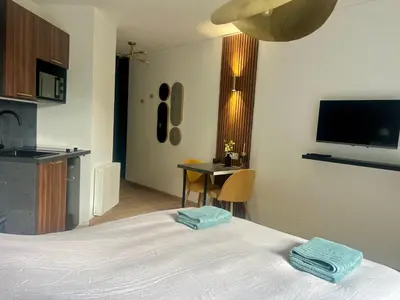 Télévision ou salle de divertissement dans l'établissement Art Deco Studio avec terrasse aux portes du parc