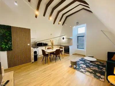 Coin salon dans l'établissement Le Colibri, Spacieux T2 bis avec mezzanine, calme et central à Poitiers