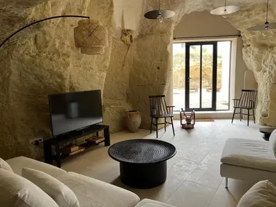 Télévision ou salle de divertissement dans l'établissement Le troglo du chateau