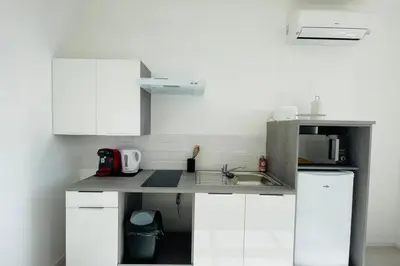 Cuisine ou kitchenette dans l'établissement La Jungle avec climatisation
