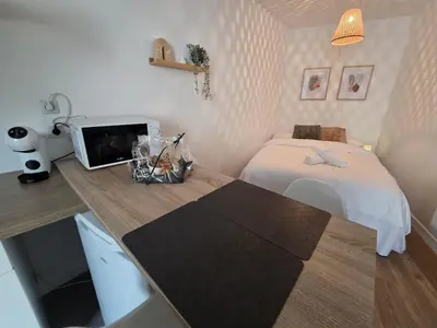 Un ou plusieurs lits dans un hébergement de l'établissement Le Timon - large studio avec Wi-Fi
