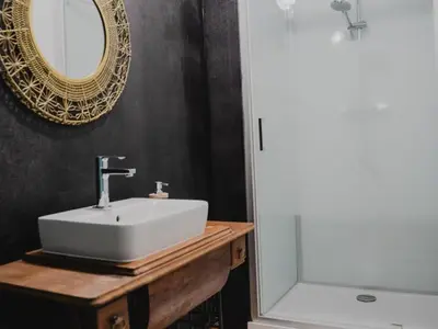 Salle de bains dans l'établissement Gîte de campagne avec spa et parking, animaux acceptés - FR-1-653-286