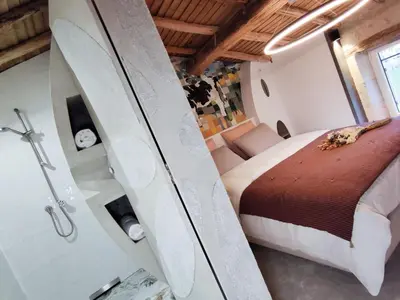 Salle de bains dans l'établissement Gîte d'Architecte 6 Pers. avec Terrasse et Jardin à Pissotte - FR-1-426-480