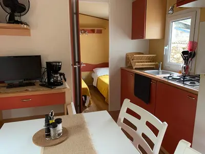 Cuisine ou kitchenette dans l'établissement Camping de la ferme aux ânesses, mobil home myrtille
