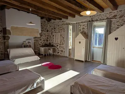 Un ou plusieurs lits dans un hébergement de l'établissement Gîte spacieux avec piscine privée et jardin, idéal pour familles avec animaux - FR-1-653-67